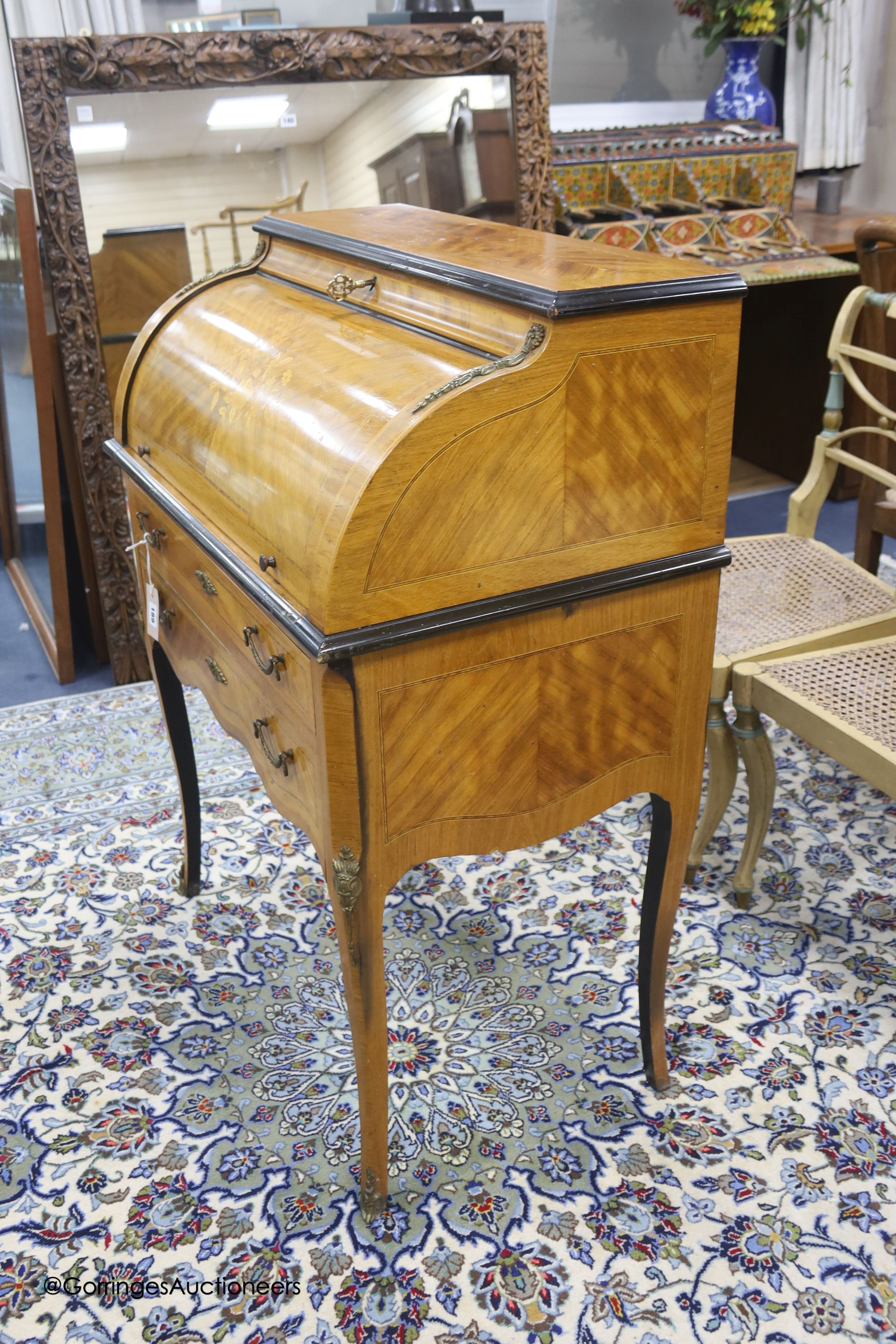 A Louis XVI style marquetry inlaid kingwood cylinder bureau, width 74cm depth 45cm height 102cm